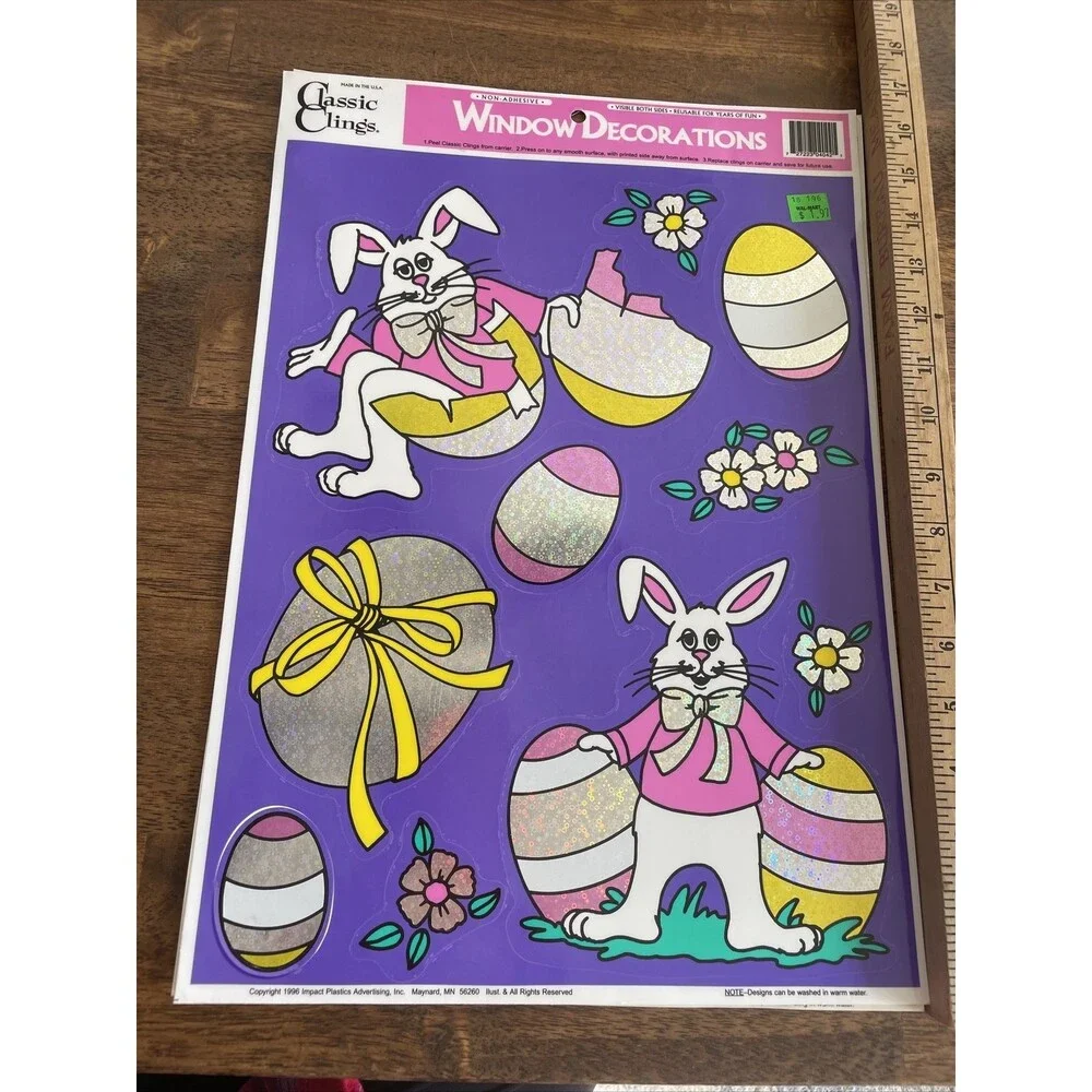 3 Vintage Easter Vinyl Window Clings Holographic Stained Glass Bunny Holiday